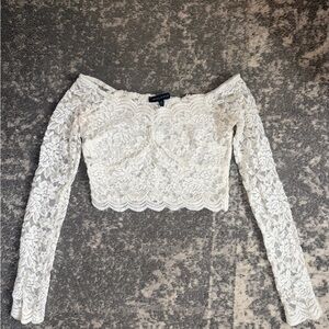 Kendall & Kylie White Lace Off-Shoulder Long Sleeve Crop Top